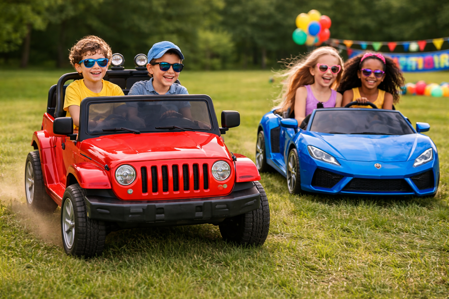 Ramp down with ride-on cars staged near trailer