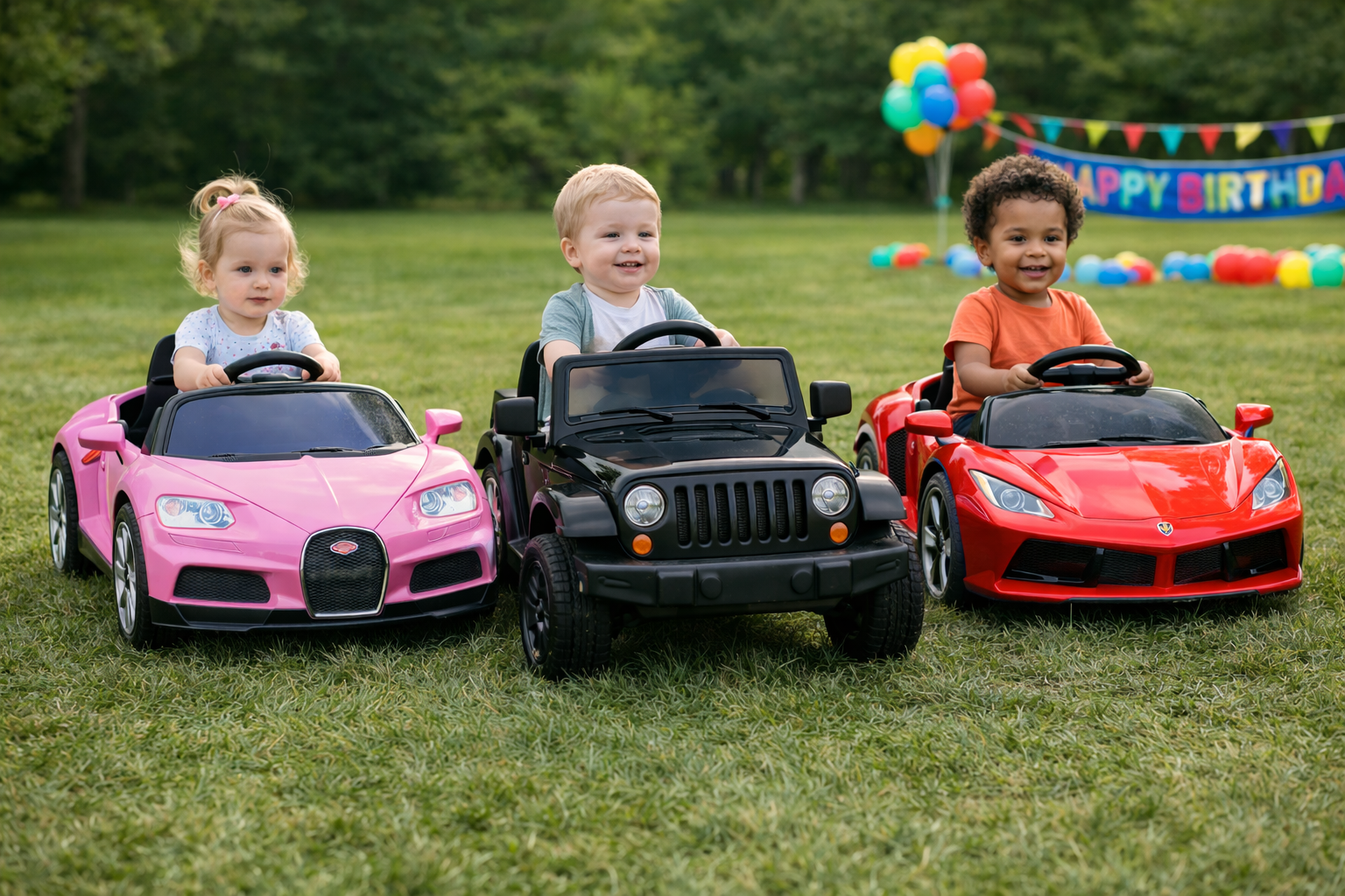 Back doors open showing ride-on cars inside trailer