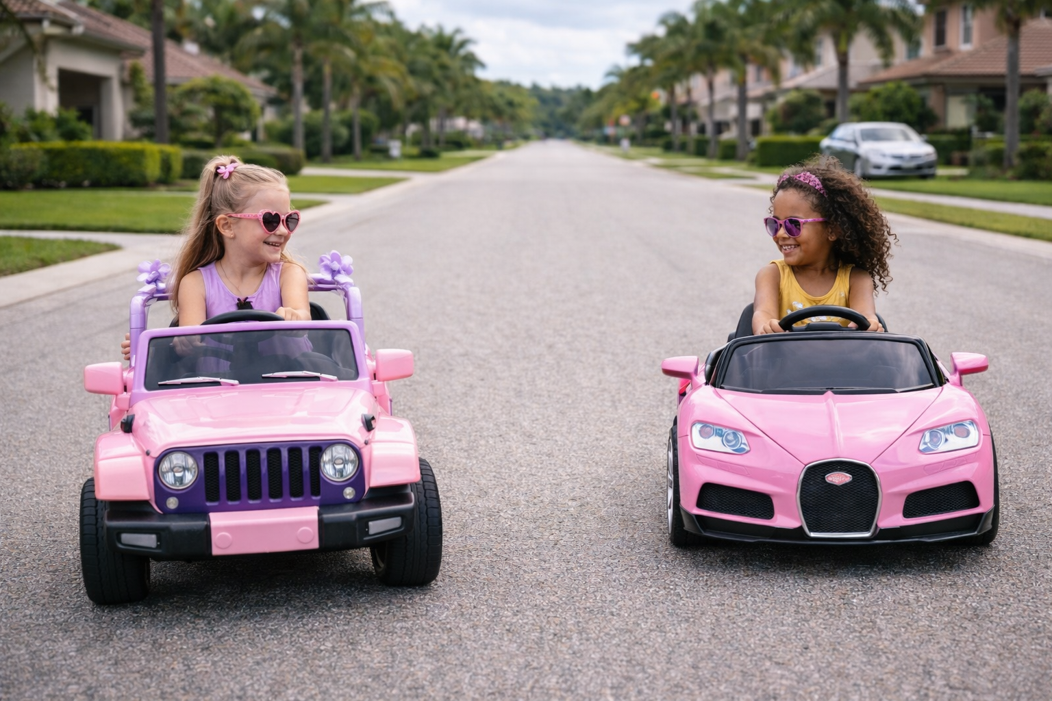 Ramp down with ride-on cars staged near trailer